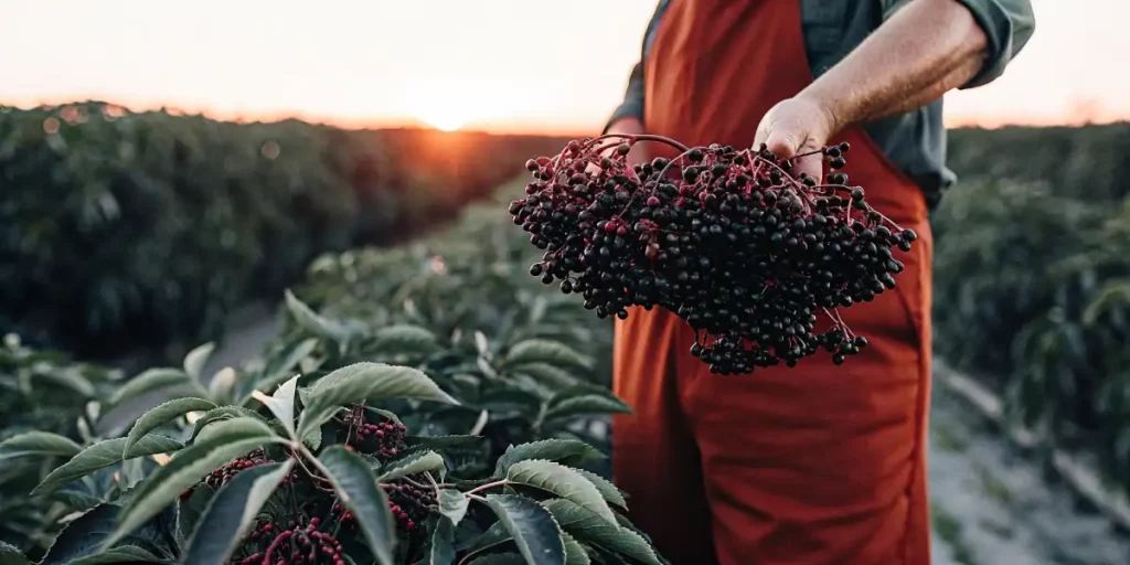 Person holding a bunch of ripe elderberries in a field with a sunset backdrop.
