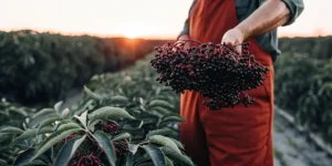 Person holding a bunch of ripe elderberries in a field with a sunset backdrop.