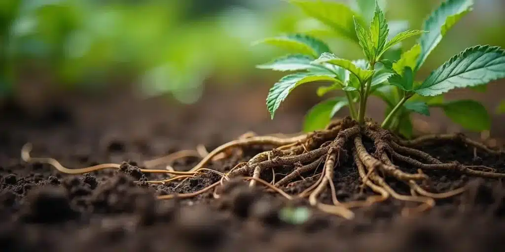 Cannabis root lock with visible tangled roots above soil, indicating nutrient absorption issues.