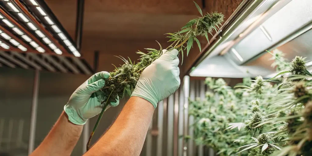 A pair of gloved hands gently extracting cannabis oil using laboratory equipment.