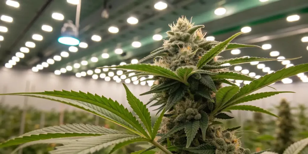 Close-up of a cannabis plant flowering under artificial lights in a grow room.