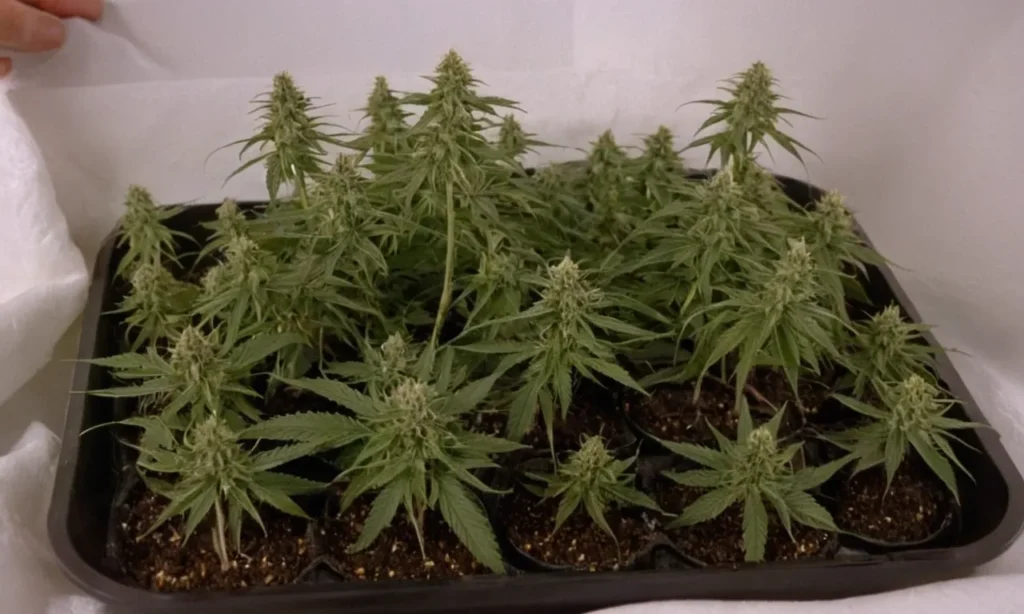 Flowering phase of Cinderella 99 x Kali Mist in small pots. Compact pots support excellent bud formation and trichome production in limited space.