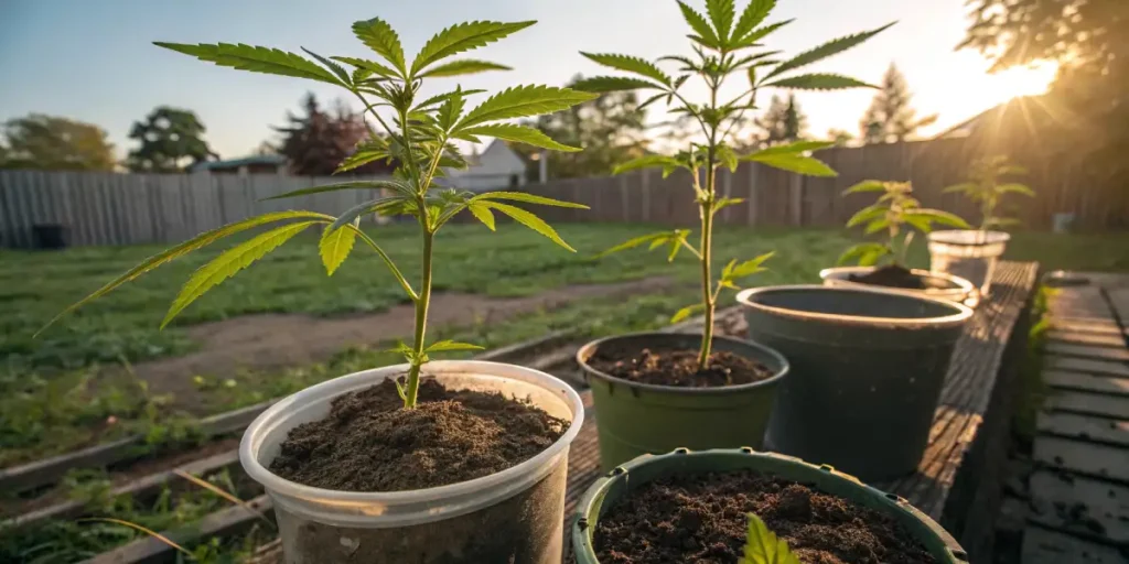 Wide view of several cannabis plants growing in pots in a garden under natural sunlight