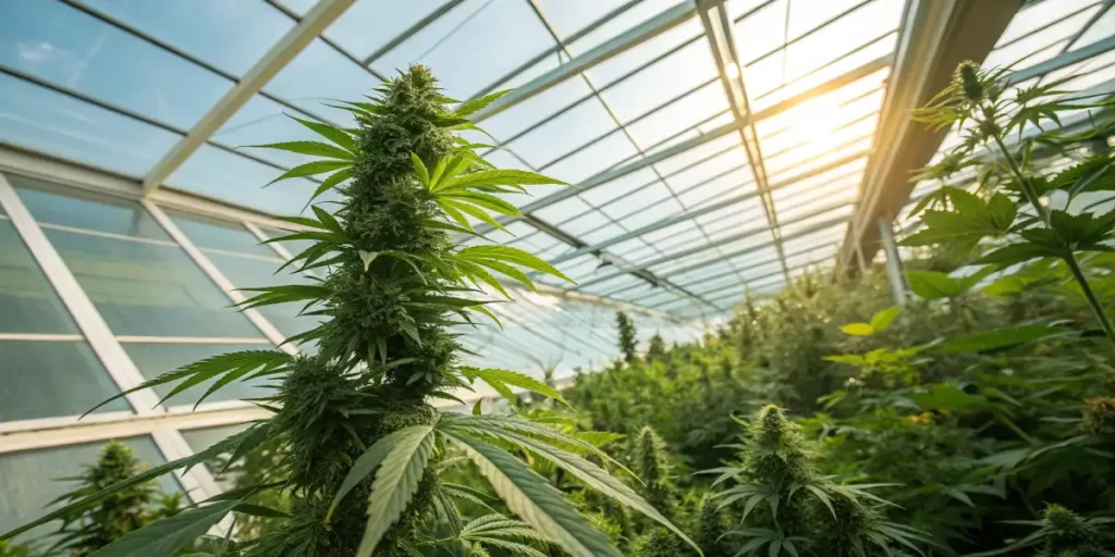 Gibberellin-infused plant growing vigorously in a greenhouse with healthy foliage.