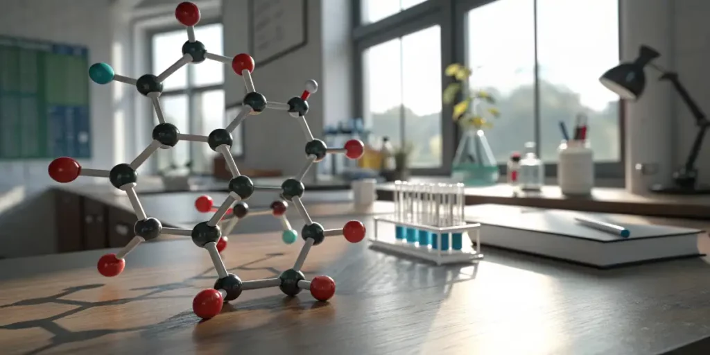 3D model of gibberellin molecule displayed on a lab table with sunlight filtering through windows.