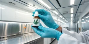 A pair of gloved hands carefully holding a vial of cannabis oil in a laboratory setting