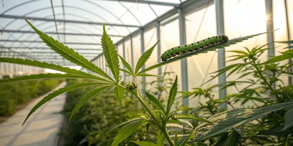 Green caterpillar crawling on a cannabis plant in a greenhouse