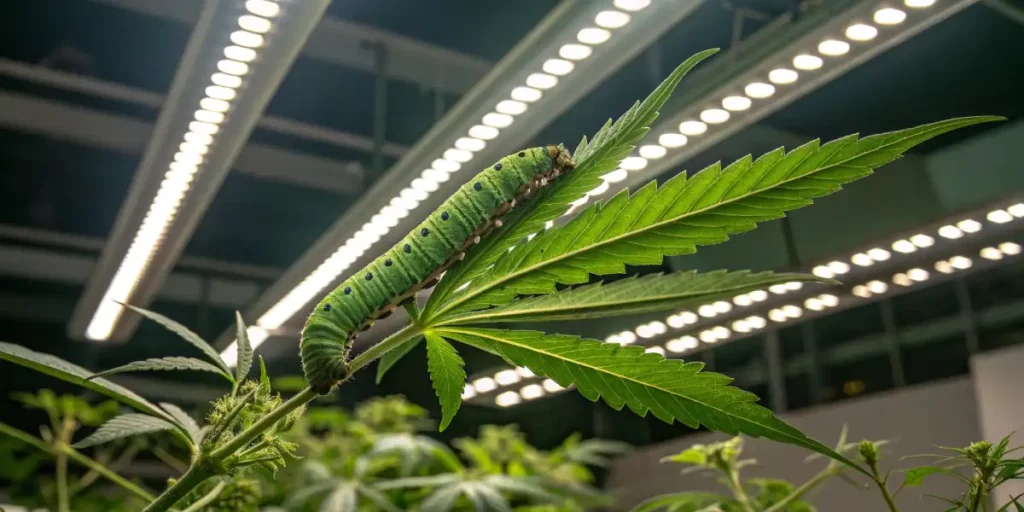 Green caterpillar crawling on cannabis plant under greenhouse lights.