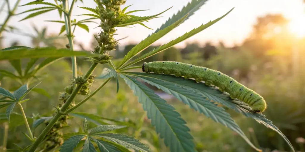 Green caterpillar resting on a cannabis leaf with sunset in the background.