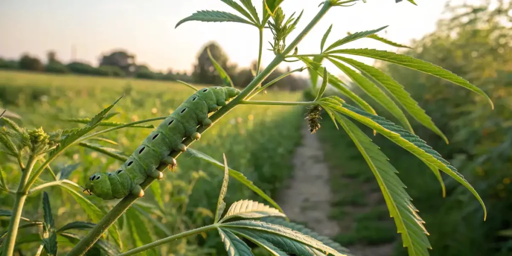 Green hornworm crawling along a cannabis stem in a field.
