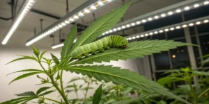 Green hornworm feeding on a cannabis leaf in an indoor environment.