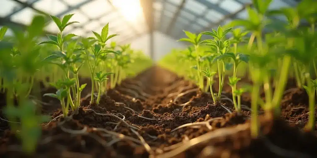 Cannabis root growth lentil system in greenhouse, aligned seedlings with exposed root structures.