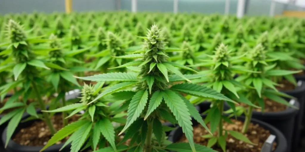 Indoor grow of AK x White Widow Auto in uniform pots.