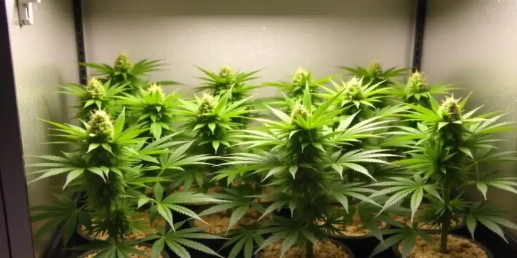 Grow Bubblegum Haze cannabis plants under LED lights in grow tent.