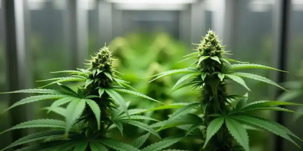 Grow Budmint cannabis buds maturing under indoor LED lights.