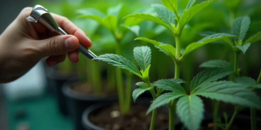 Grow CBD Strawberry (125) seedling care with precision tools to inspect young CBD Strawberry (125) seedlings.