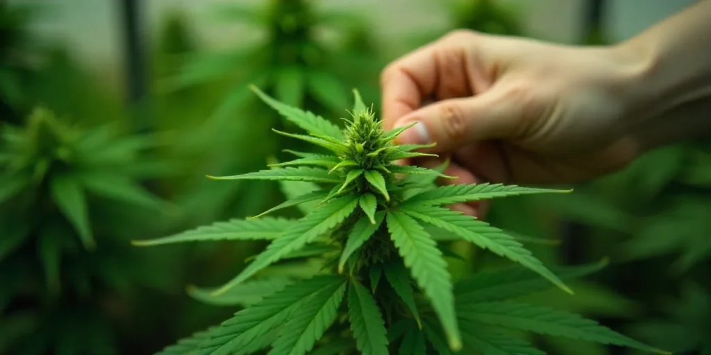 Grow CBD Tutti Frutti (1:15) Hand inspecting flowering plant.