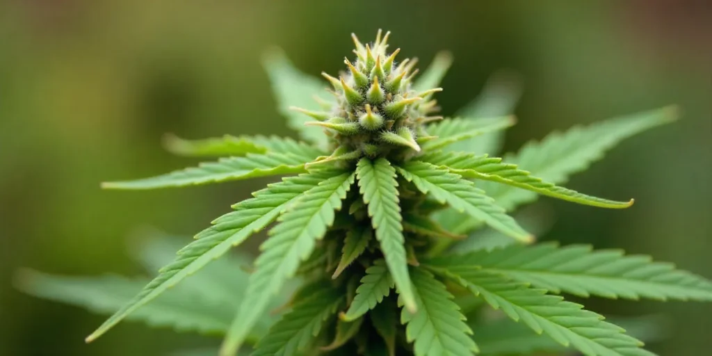 Grow CBD Tutti Frutti (115) Flowering top under natural light showing early trichome formation.