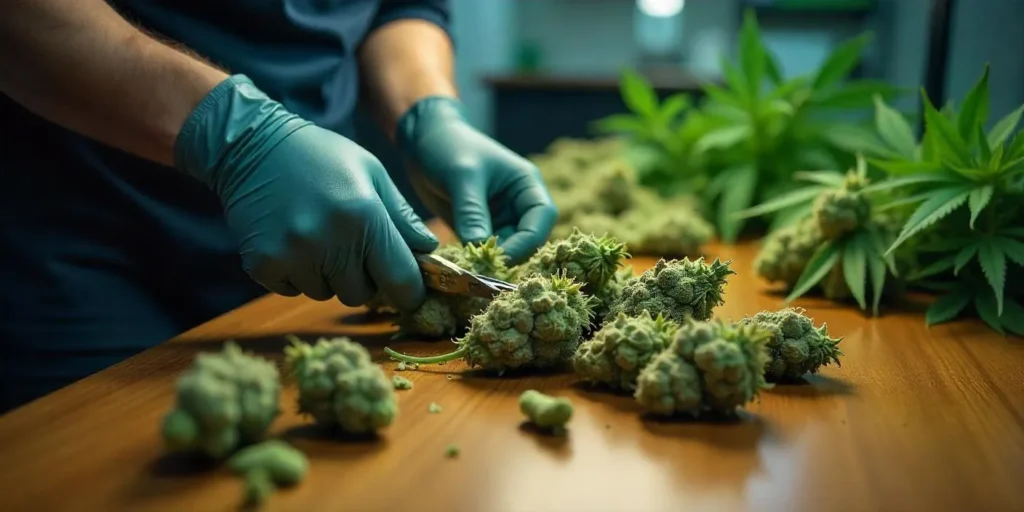 Freshly harvested Super Boof Auto buds being carefully trimmed. Discover best techniques to grow Super Boof Auto with dense, resin-rich flowers.