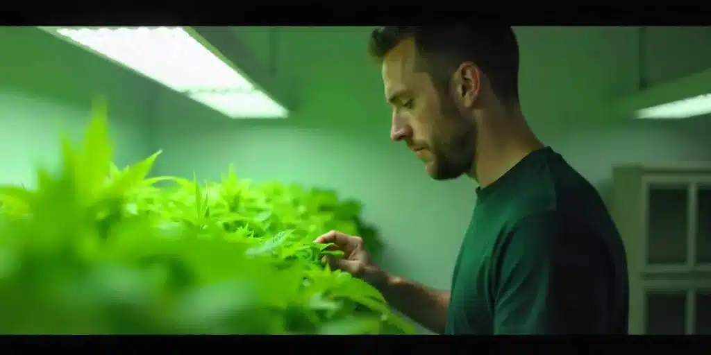 Grower checking Bruce Banner X White Russian in an indoor facility.