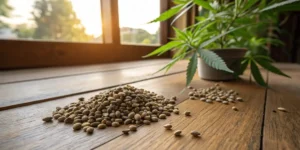 A handful of cannabis seeds spread across a smooth surface, with natural lighting.