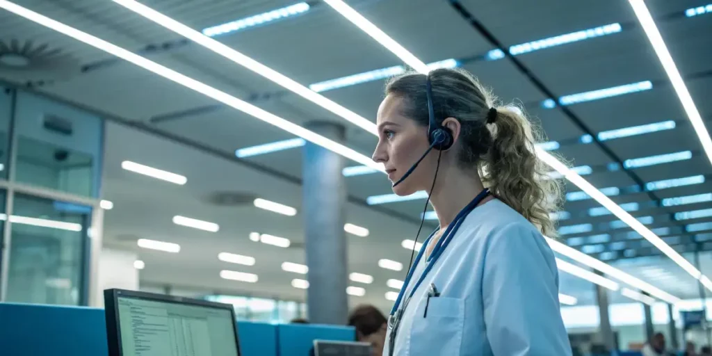 Healthcare professional wearing a headset and focused on work in a modern, bright office environment.