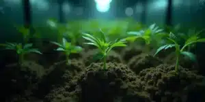 Cannabis root lock symptoms under artificial light, young plants struggling with nutrient uptake.