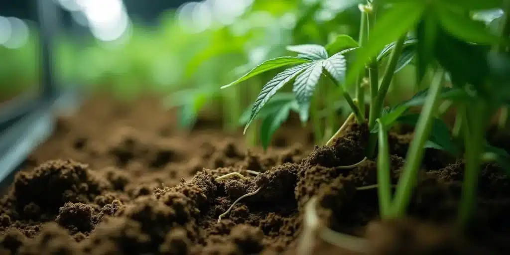 Cannabis root arched out of soil in indoor grow setup, roots visibly curving above surface.