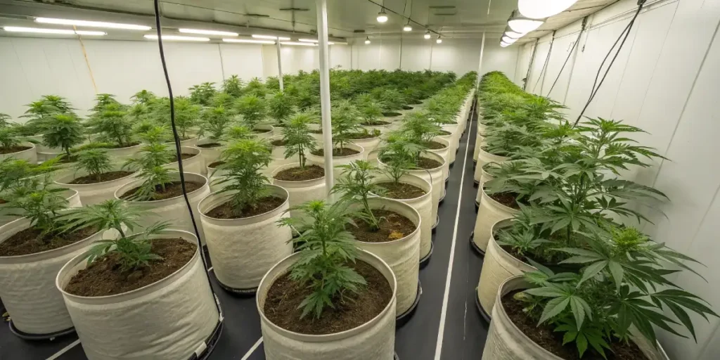 Indoor grow room with multiple cannabis plants in pots under artificial grow lights.
