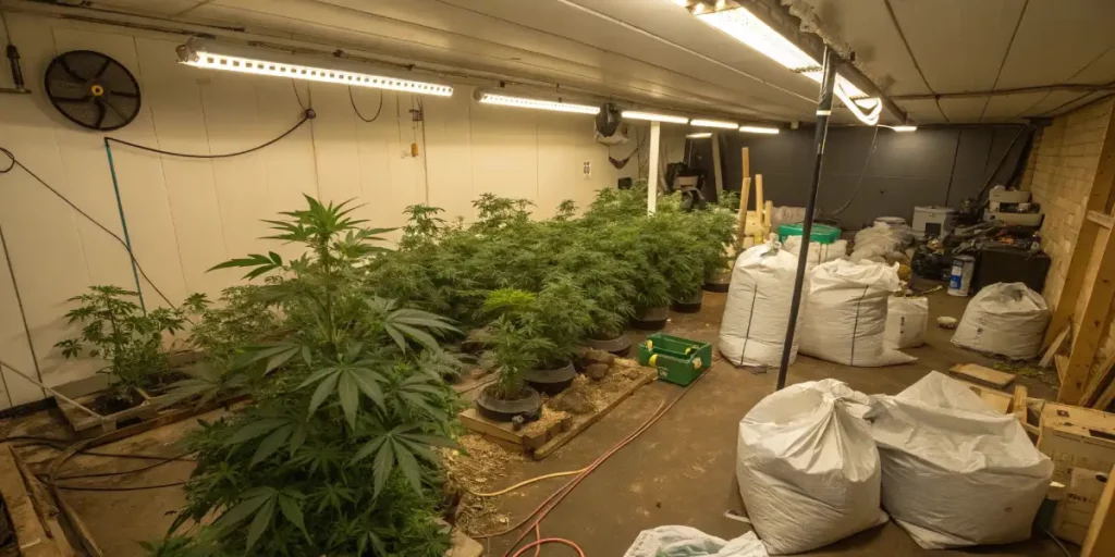 Indoor cannabis cultivation with plants in pots and large bags in a well-lit room.