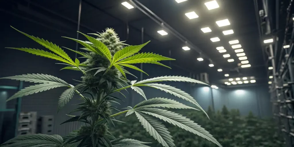 Cannabis plant flourishing with bright LED lights above in an indoor cultivation facility.