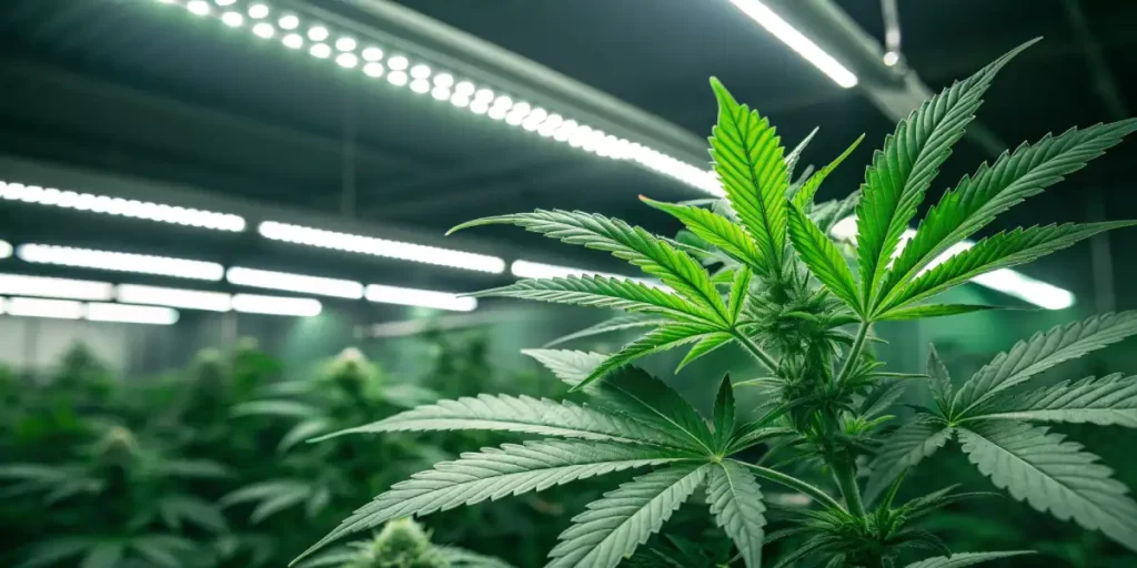 Indoor cannabis plant under LED lights, showcasing healthy growth.