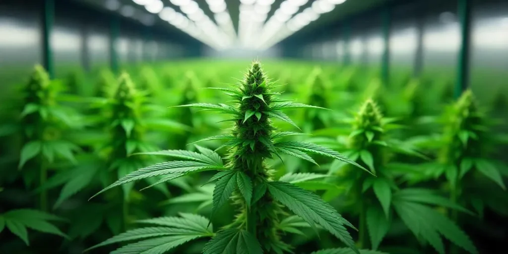 Indoor cannabis grow room with AK 59 plants under LED lights.