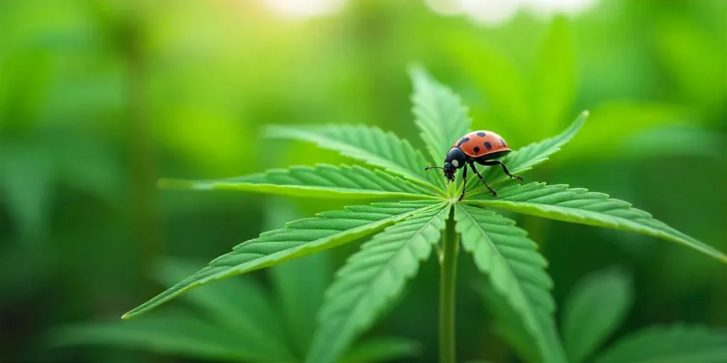 Ladybug on a California Orange Regular cannabis leaf in organic grow.