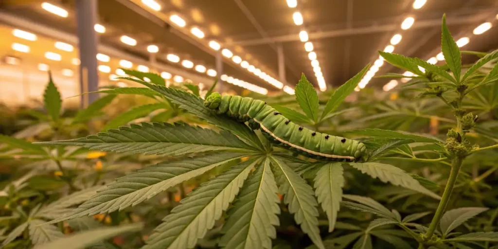 Vibrant green hornworm resting on a cannabis leaf inside an indoor garden.
