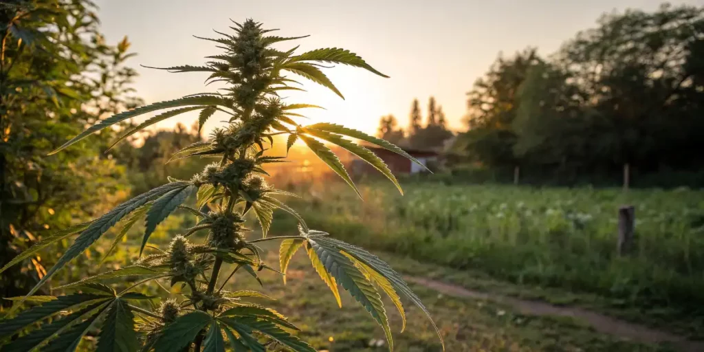 Lone cannabis plant standing tall in a field with sunset in the background.