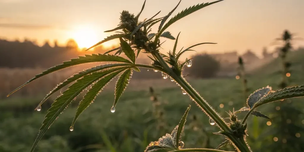 Macro shot capturing the intricate details of cannabis leaves with dew drops at sunrise.