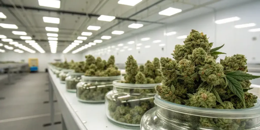 Macro shot of cannabis buds showing visible resin glands and details of the plant.