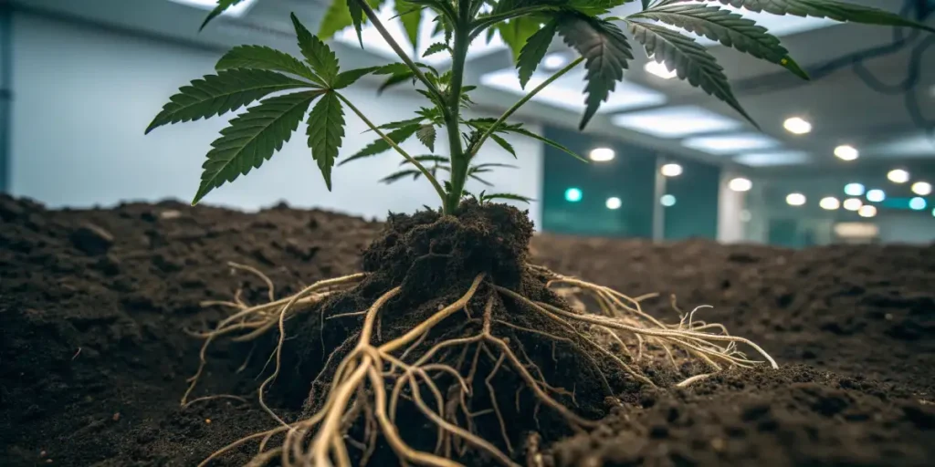 Macro shot showing cannabis roots intertwined with soil, highlighting their structure and texture.