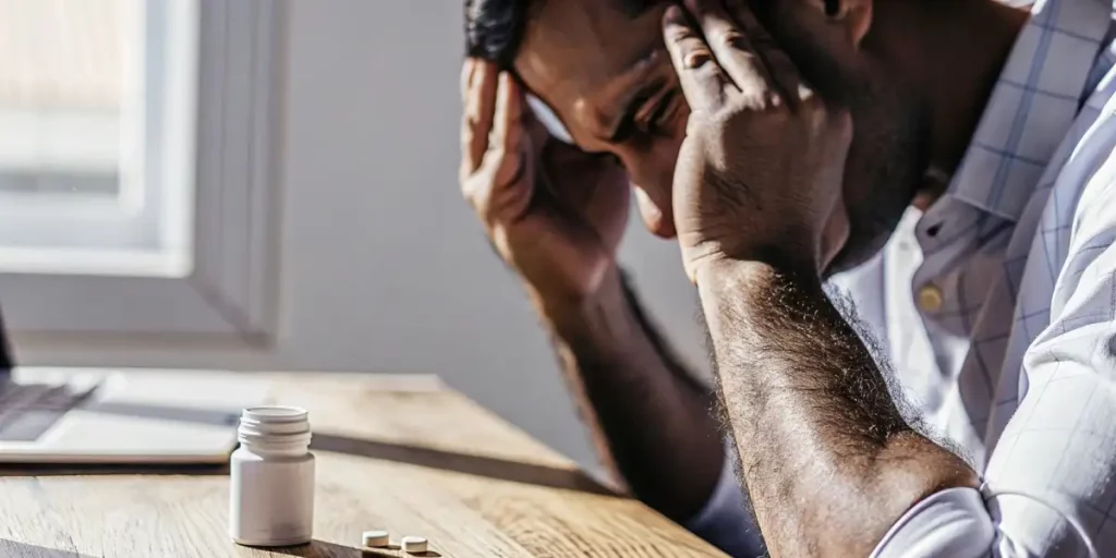 Man holding his head in pain, with a bottle of pills on a table