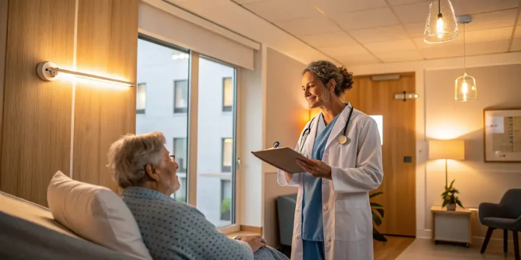 Medical practitioner explaining something to an elderly patient in a comfortable, well-lit hospital room.