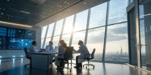 A group of medical professionals holding a meeting in a modern office with large windows, overlooking a city skyline.