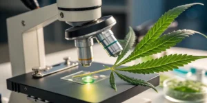 A microscopic view of a cannabis leaf with emphasis on the apoplast structure, showing detailed cellular patterns.