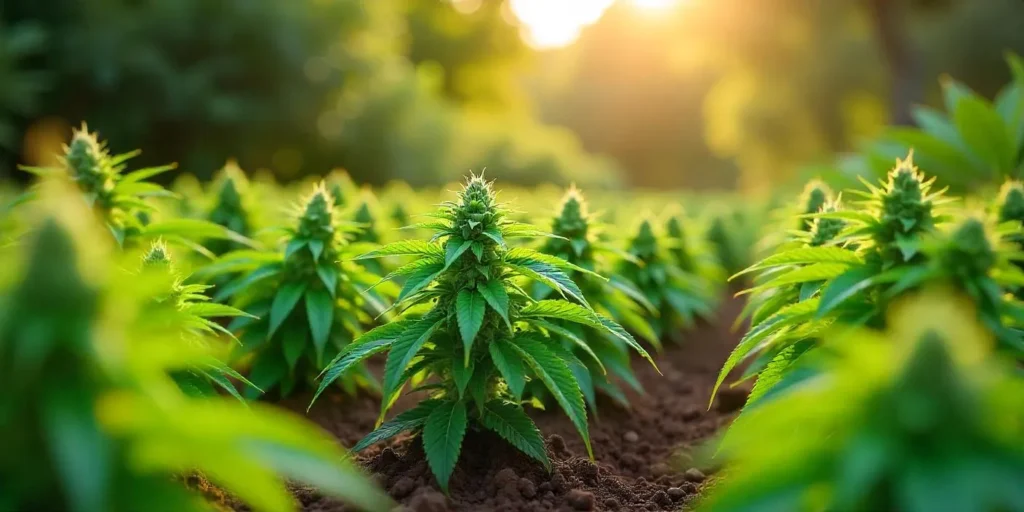 Outdoor California Haze cannabis plants growing under sunset light.