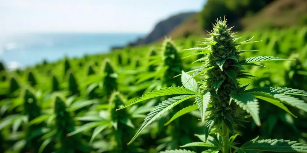Outdoor field of Candy Punch Regular cannabis plants near the coast.