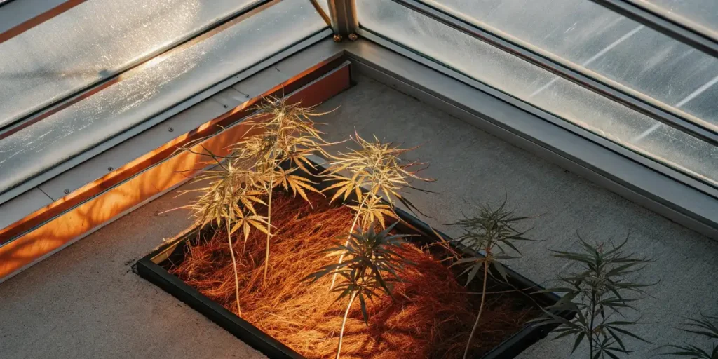 Overhead view of a network of intricate cannabis roots, intertwining in a bright greenhouse environment.