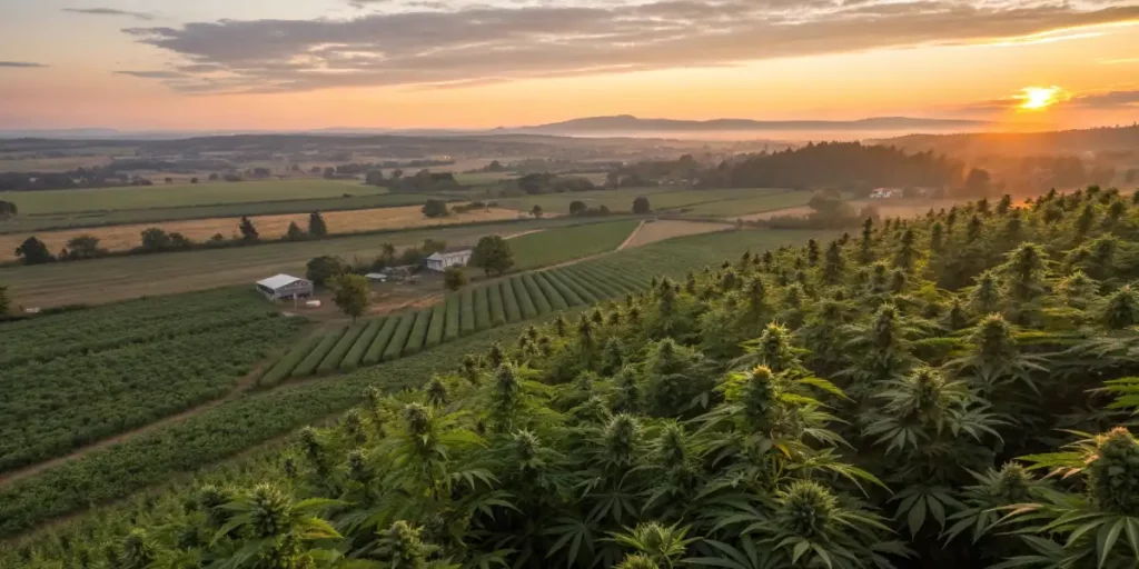 Aerial shot of a vast cannabis farm at dusk with rows of plants and a distant house.