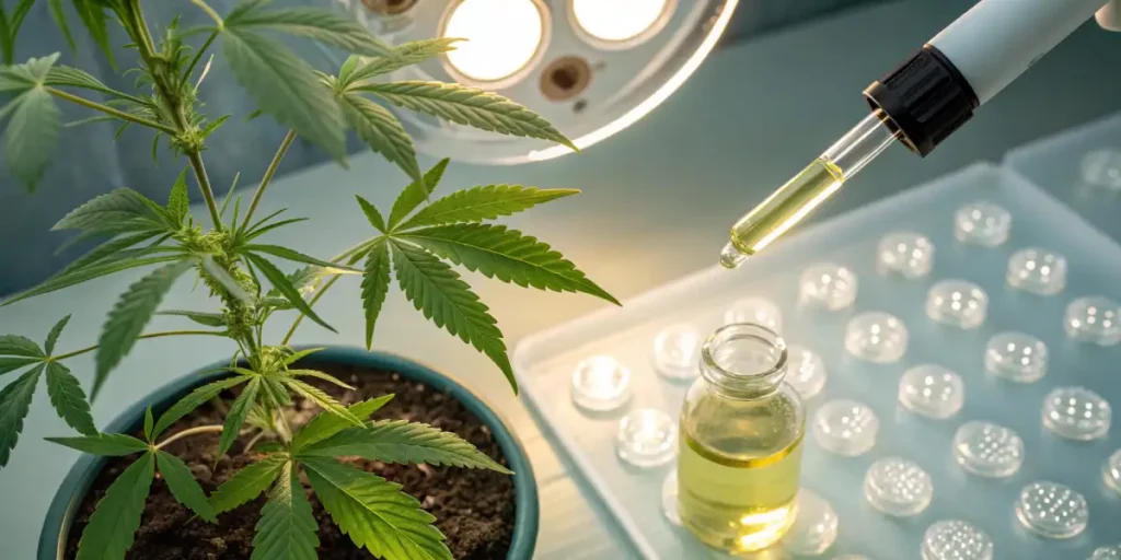 Overhead view of a cannabis plant in a laboratory with a dropper dispensing oil into a vial.