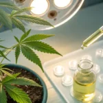 Overhead view of a cannabis plant in a laboratory with a dropper dispensing oil into a vial.