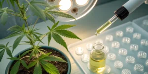 Overhead view of a cannabis plant in a laboratory with a dropper dispensing oil into a vial.